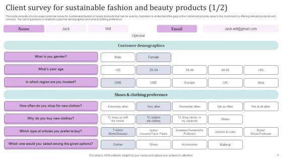Client Survey For Sustainable Fashion And Beauty Products Ppt PowerPoint Presentation Complete Deck With Slides Survey