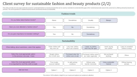 Client Survey For Sustainable Fashion And Beauty Products Survey SS