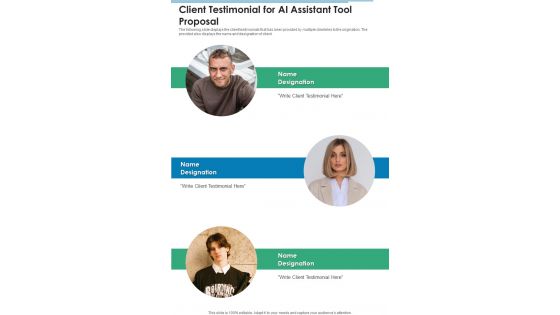 Client Testimonial For AI Assistant Tool Proposal One Pager Sample Example Document Client Testimonial For AI Assistant Tool Proposal One Pager Sample Example Document
