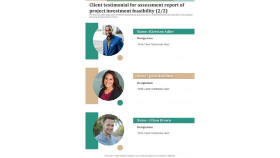 Client Testimonial For Assessment Report Of Project Investment Feasibility One Pager Sample Example Document Client Testimonial For Assessment Report Of Project Investment Feasibility One Pager Sample Example Document