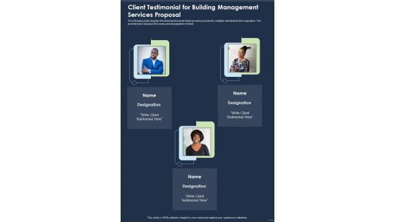 Client Testimonial For Building Management Services Proposal One Pager Sample Example Document