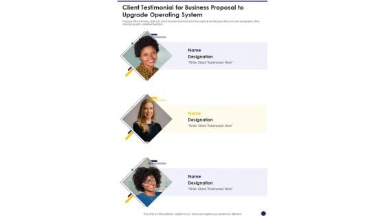 Client Testimonial For Business Proposal To Upgrade Operating System One Pager Sample Example Document Client Testimonial For Business Proposal To Upgrade Operating System One Pager Sample Example Document