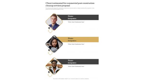 Client Testimonial For Commercial Post Construction Cleanup Services Proposal One Pager Sample Example Document Client Testimonial For Commercial Post Construction Cleanup Services Proposal One Pager Sample Example Document