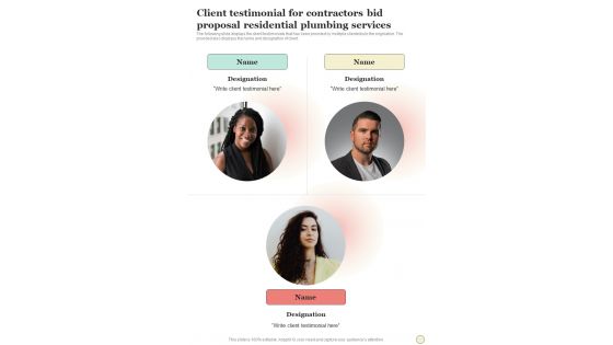 Client Testimonial For Contractors Bid Proposal Residential Plumbing Services One Pager Sample Example Document Client Testimonial For Contractors Bid Proposal Residential Plumbing Services One Pager Sample Example Document