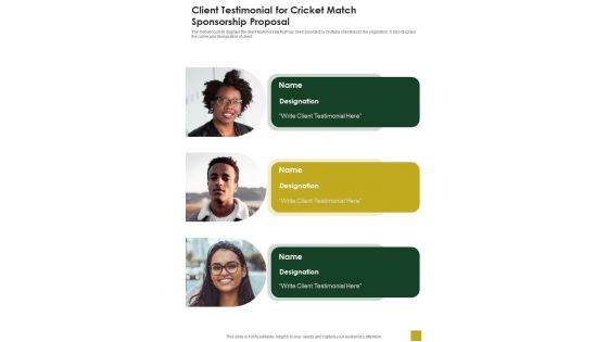 Client Testimonial For Cricket Match Sponsorship Proposal One Pager Sample Example Document Client Testimonial For Cricket Match Sponsorship Proposal One Pager Sample Example Document