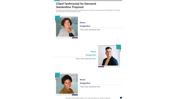 Client Testimonial For Demand Generation Proposal One Pager Sample Example Document Client Testimonial For Demand Generation Proposal One Pager Sample Example Document