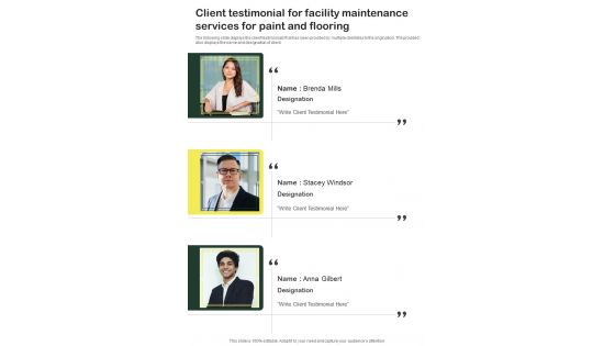 Client Testimonial For Facility Maintenance Services For Paint And Flooring One Pager Sample Example Document Client Testimonial For Facility Maintenance Services For Paint And Flooring One Pager Sample Example Document