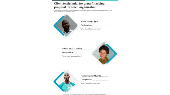 Client Testimonial For Grant Financing Proposal For Small Organization One Pager Sample Example Document