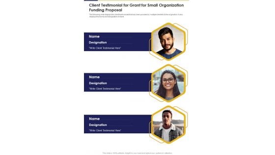 Client Testimonial For Grant For Small Organization Funding Proposal One Pager Sample Example Document Client Testimonial For Grant For Small Organization Funding Proposal One Pager Sample Example Document