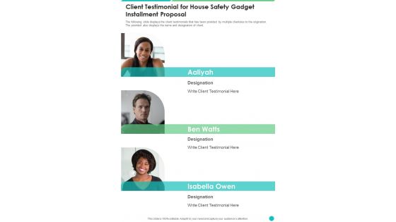 Client Testimonial For House Safety Gadget Installment Proposal One Pager Sample Example Document Client Testimonial For House Safety Gadget Installment Proposal One Pager Sample Example Document