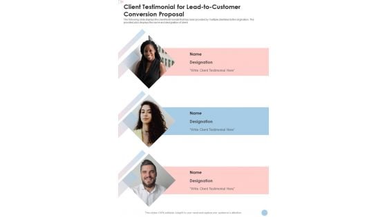Client Testimonial For Lead To Customer Conversion Proposal One Pager Sample Example Document Client Testimonial For Lead To Customer Conversion Proposal One Pager Sample Example Document