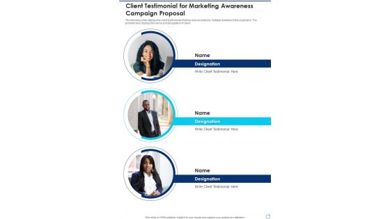 Client Testimonial For Marketing Awareness Campaign Proposal One Pager Sample Example Document Client Testimonial For Marketing Awareness Campaign Proposal One Pager Sample Example Document