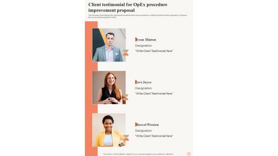 Client Testimonial For Opex Procedure Improvement Proposal One Pager Sample Example Document Client Testimonial For Opex Procedure Improvement Proposal One Pager Sample Example Document