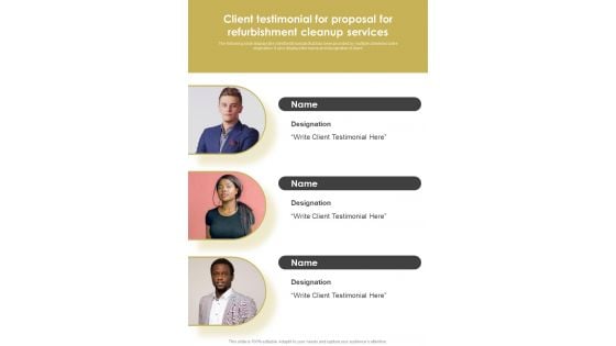Client Testimonial For Proposal For Refurbishment Cleanup Services One Pager Sample Example Document Client Testimonial For Proposal For Refurbishment Cleanup Services One Pager Sample Example Document