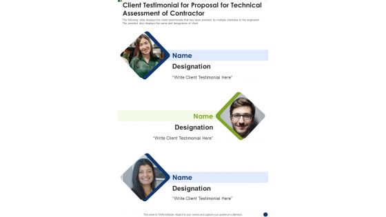 Client Testimonial For Proposal For Technical Assessment Of Contractor One Pager Sample Example Document Client Testimonial For Proposal For Technical Assessment Of Contractor One Pager Sample Example Document