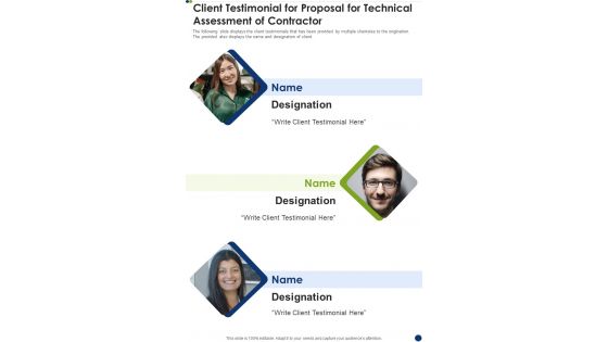 Client Testimonial For Proposal For Technical Assessment Of Contractor One Pager Sample Example Document