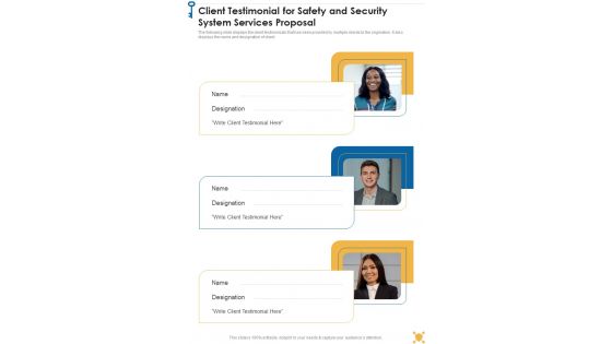 Client Testimonial For Safety And Security System Services Proposal One Pager Sample Example Document Client Testimonial For Safety And Security System Services Proposal One Pager Sample Example Document