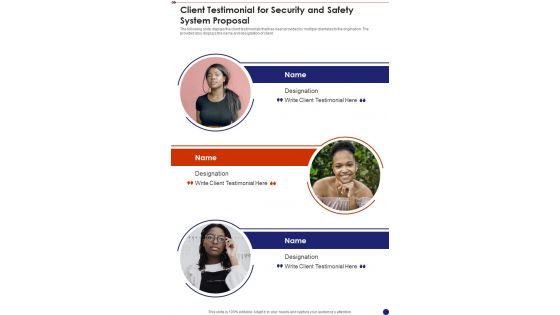 Client Testimonial For Security And Safety System Proposal One Pager Sample Example Document