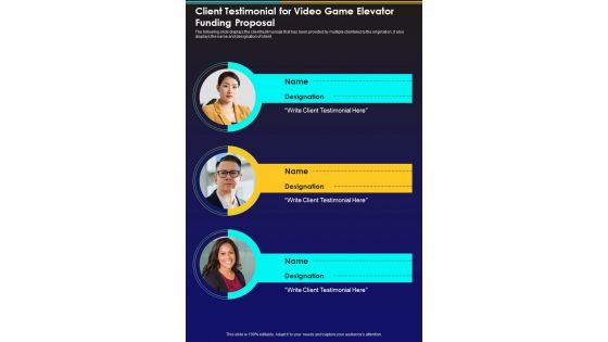 Client Testimonial For Video Game Elevator Funding Proposal One Pager Sample Example Document Client Testimonial For Video Game Elevator Funding Proposal One Pager Sample Example Document