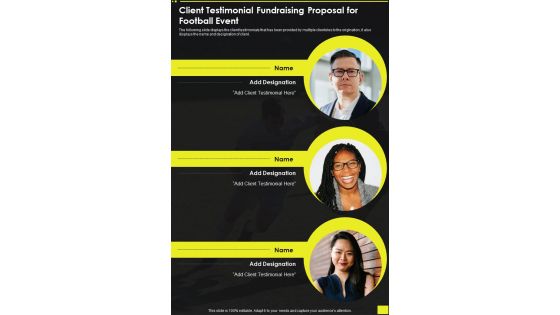 Client Testimonial Fundraising Proposal For Football Event One Pager Sample Example Document Client Testimonial Fundraising Proposal For Football Event One Pager Sample Example Document