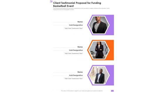 Client Testimonial Proposal For Funding Basketball Event One Pager Sample Example Document Client Testimonial Proposal For Funding Basketball Event One Pager Sample Example Document