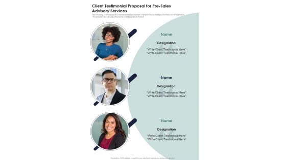 Client Testimonial Proposal For Pre Sales Advisory Services One Pager Sample Example Document Client Testimonial Proposal For Pre Sales Advisory Services One Pager Sample Example Document