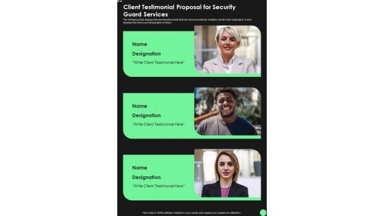 Client Testimonial Proposal For Security Guard Services One Pager Sample Example Document
