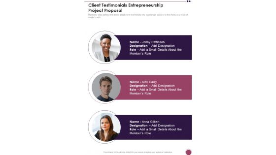 Client Testimonials Entrepreneurship Project Proposal One Pager Sample Example Document Client Testimonials Entrepreneurship Project Proposal One Pager Sample Example Document