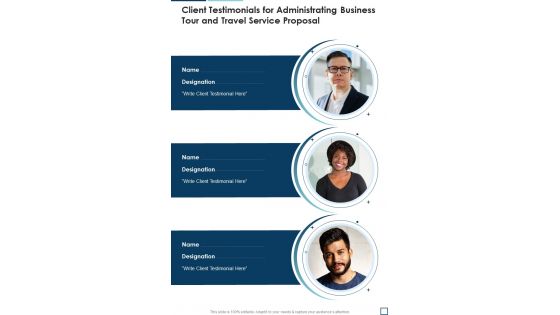 Client Testimonials For Administrating Business Tour And Travel Service Proposal One Pager Sample Example Document Client Testimonials For Administrating Business Tour And Travel Service Proposal One Pager Sample Example Document