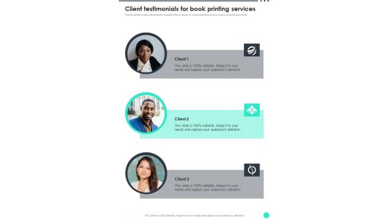 Client Testimonials For Book Printing Services One Pager Sample Example Document