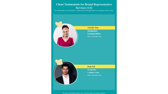 Client Testimonials For Brand Representative Services One Pager Sample Example Document