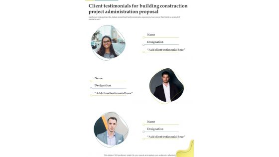 Client Testimonials For Building Construction Project Administration Proposal One Pager Sample Example Document Client Testimonials For Building Construction Project Administration Proposal One Pager Sample Example Document