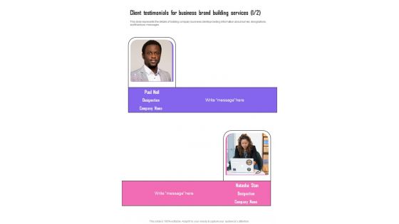 Client Testimonials For Business Brand Building Services One Pager Sample Example Document Client Testimonials For Business Brand Building Services One Pager Sample Example Document