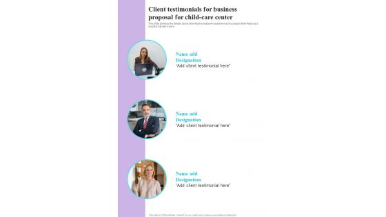 Client Testimonials For Business Proposal For Child Care Center One Pager Sample Example Document Client Testimonials For Business Proposal For Child Care Center One Pager Sample Example Document