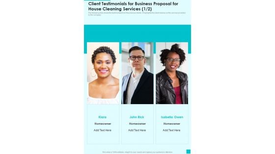 Client Testimonials For Business Proposal For House Cleaning Services One Pager Sample Example Document Client Testimonials For Business Proposal For House Cleaning Services One Pager Sample Example Document
