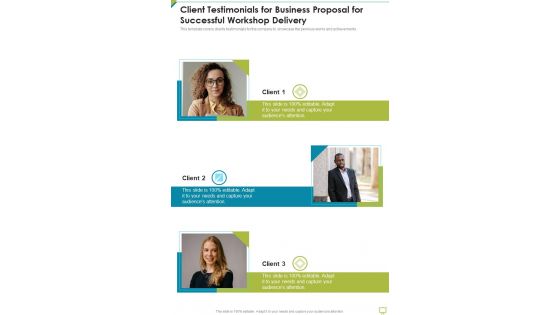 Client Testimonials For Business Proposal For Successful Workshop Delivery One Pager Sample Example Document