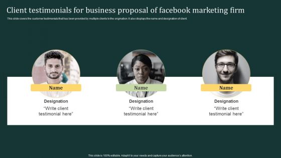 Client Testimonials For Business Proposal Of Facebook Marketing Firm Ppt Infographics Samples PDF
