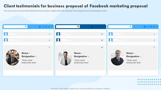 Client Testimonials For Business Proposal Of Facebook Marketing Proposal Guidelines PDF Client Testimonials For Business Proposal Of Facebook Marketing Proposal Guidelines PDF