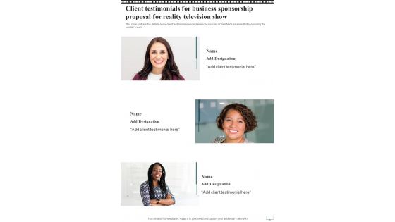 Client Testimonials For Business Sponsorship Proposal For Reality Television Show One Pager Sample Example Document Client Testimonials For Business Sponsorship Proposal For Reality Television Show One Pager Sample Example Document