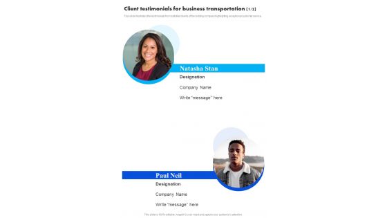 Client Testimonials For Business Transportation One Pager Sample Example Document Client Testimonials For Business Transportation One Pager Sample Example Document