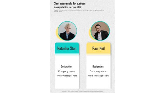 Client Testimonials For Business Transportation Service One Pager Sample Example Document Client Testimonials For Business Transportation Service One Pager Sample Example Document