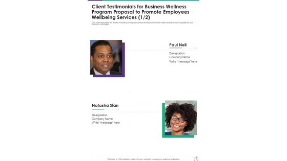Client Testimonials For Business Wellness Program Proposal To Promote One Pager Sample Example Document Client Testimonials For Business Wellness Program Proposal To Promote One Pager Sample Example Document