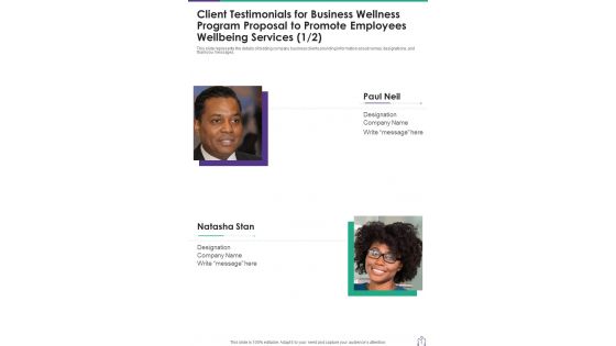 Client Testimonials For Business Wellness Program Proposal To Promote One Pager Sample Example Document