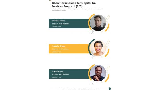 Client Testimonials For Capital Tax Services Proposal One Pager Sample Example Document