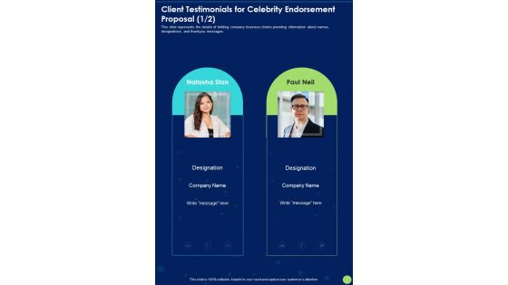 Client Testimonials For Celebrity Endorsement Proposal One Pager Sample Example Document Client Testimonials For Celebrity Endorsement Proposal One Pager Sample Example Document