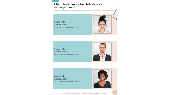 Client Testimonials For Child Daycare Center Proposal One Pager Sample Example Document