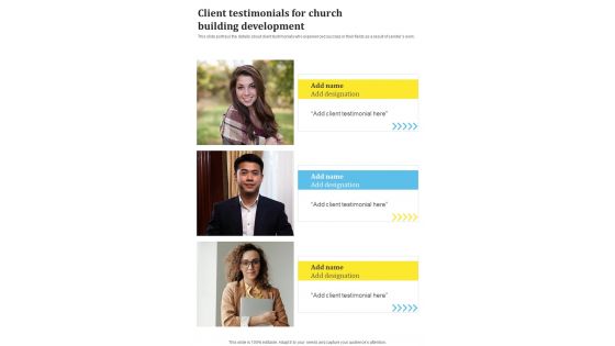 Client Testimonials For Church Building Development One Pager Sample Example Document