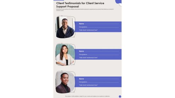 Client Testimonials For Client Service Support Proposal One Pager Sample Example Document Client Testimonials For Client Service Support Proposal One Pager Sample Example Document