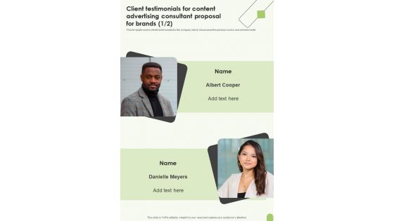 Client Testimonials For Content Advertising Consultant Proposal For Brands One Pager Sample Example Document Client Testimonials For Content Advertising Consultant Proposal For Brands One Pager Sample Example Document