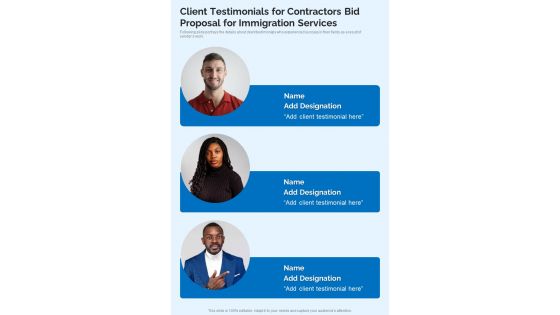 Client Testimonials For Contractors Bid Proposal For Immigration Services One Pager Sample Example Document Client Testimonials For Contractors Bid Proposal For Immigration Services One Pager Sample Example Document